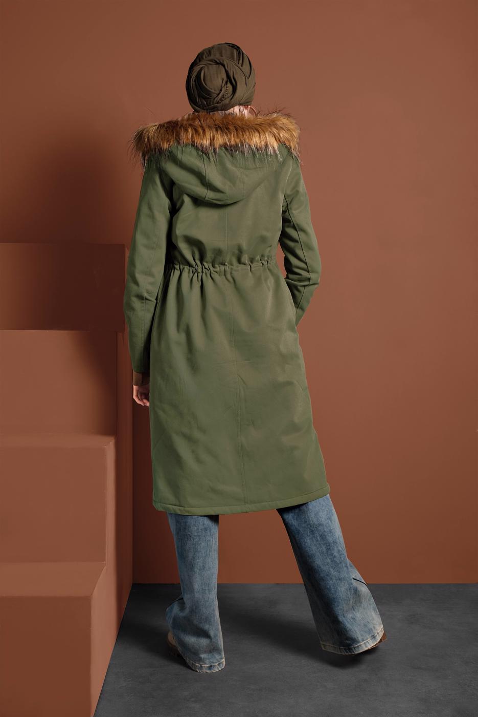 Hijab clothing KHAKI SMOCKED-WAIST FUR-LINED COAT 2080 