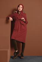 Hijab clothing BROWN SMOCKED-WAIST FUR-LINED COAT 2080 