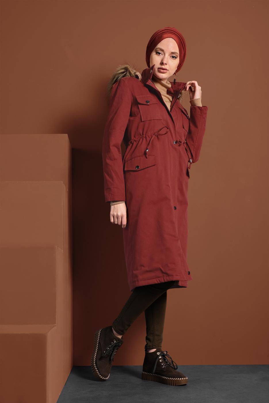 Hijab clothing BROWN SMOCKED-WAIST FUR-LINED COAT 2080 