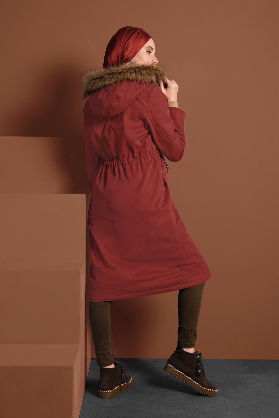 Hijab clothing BROWN SMOCKED-WAIST FUR-LINED COAT 2080 