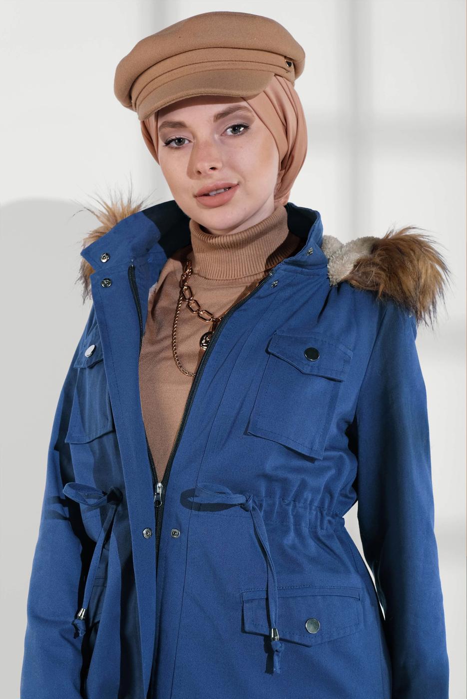 Hijab clothing NAVY BLUE SMOCKED-WAIST FUR-LINED COAT 2080 