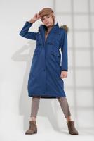 Hijab clothing NAVY BLUE SMOCKED-WAIST FUR-LINED COAT 2080 