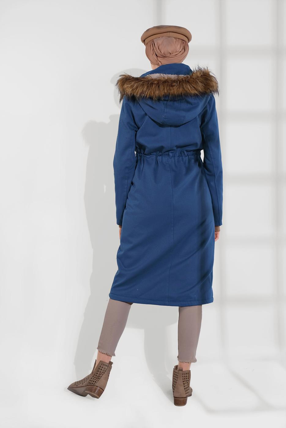 Hijab clothing NAVY BLUE SMOCKED-WAIST FUR-LINED COAT 2080 