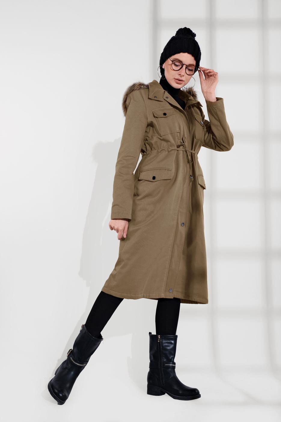 Hijab clothing BROWN SMOCKED-WAIST FUR-LINED COAT 2080 