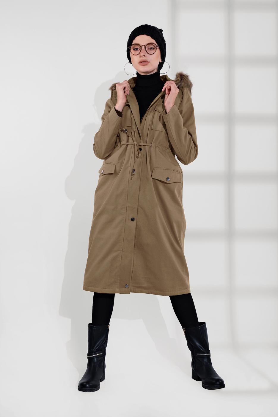 Hijab clothing BROWN SMOCKED-WAIST FUR-LINED COAT 2080 