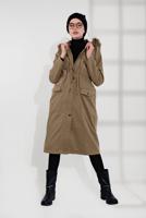 Hijab clothing BROWN SMOCKED-WAIST FUR-LINED COAT 2080 