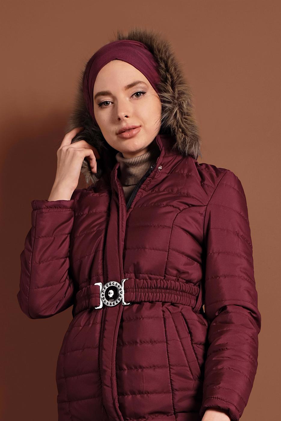 Hijab clothing CLARET RED FAUX-FUR-TRIM HOODED PUFFY COAT 3006 