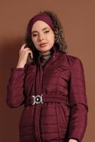 Hijab clothing CLARET RED FAUX-FUR-TRIM HOODED PUFFY COAT 3006 