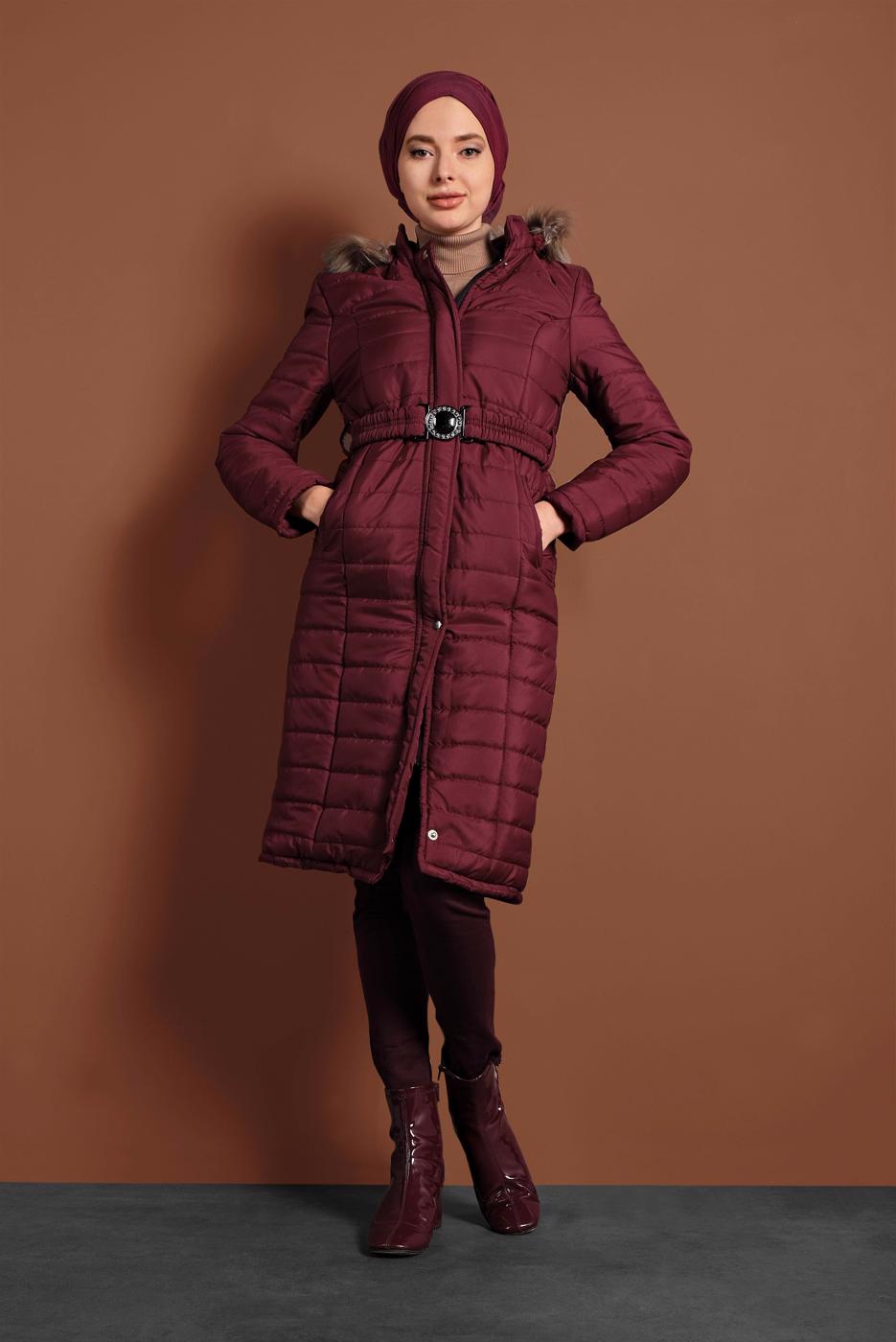 Hijab clothing CLARET RED FAUX-FUR-TRIM HOODED PUFFY COAT 3006 
