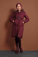 Hijab clothing CLARET RED FAUX-FUR-TRIM HOODED PUFFY COAT 3006 