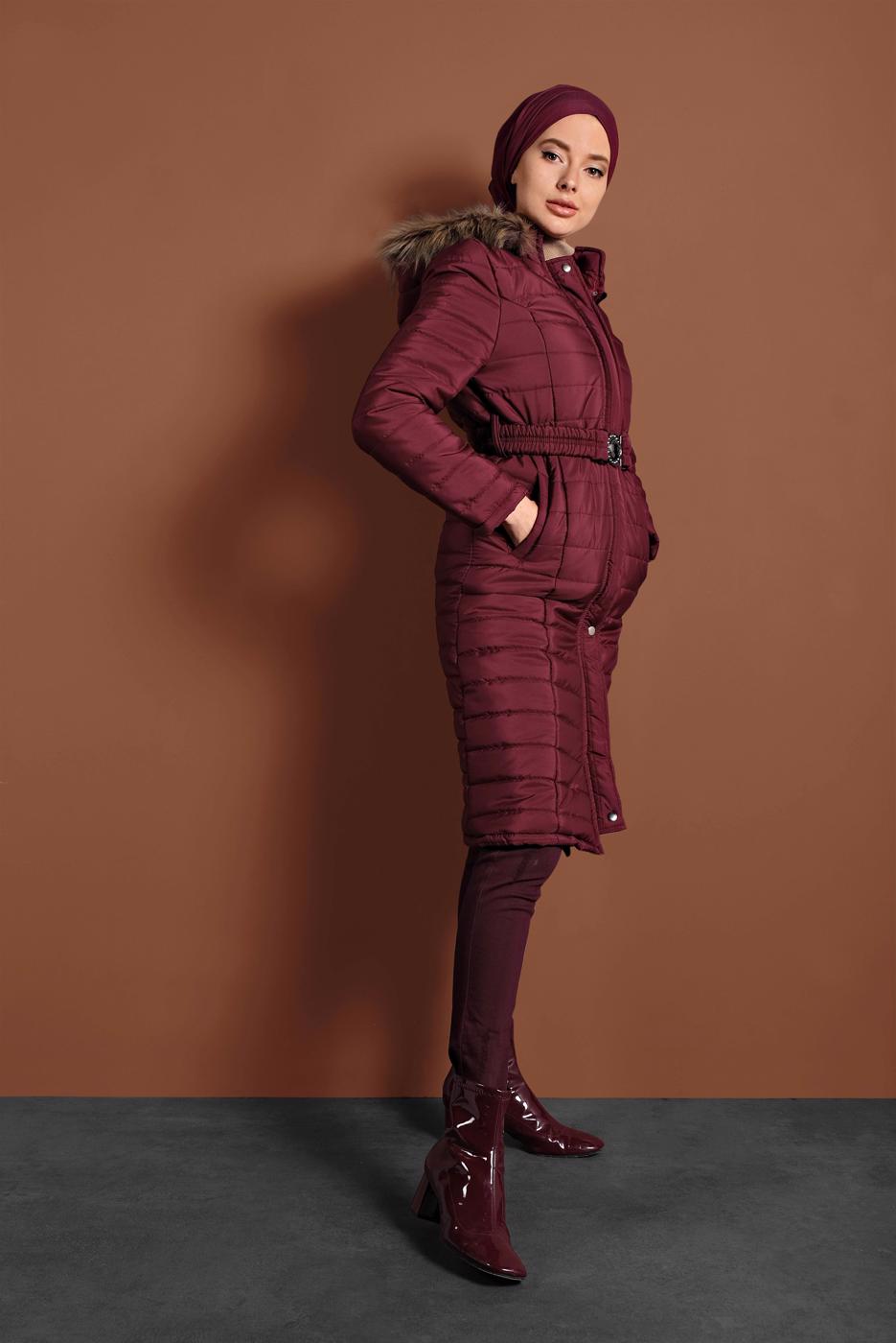 Hijab clothing CLARET RED FAUX-FUR-TRIM HOODED PUFFY COAT 3006 