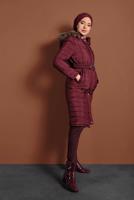 Hijab clothing CLARET RED FAUX-FUR-TRIM HOODED PUFFY COAT 3006 