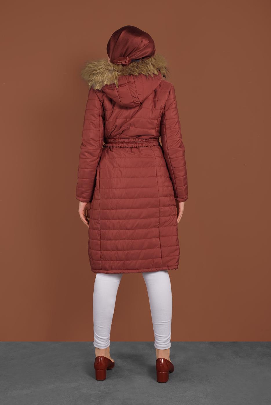 Tesettür giyim KAHVE KAPÜŞONLU ŞİŞME KABAN 3006