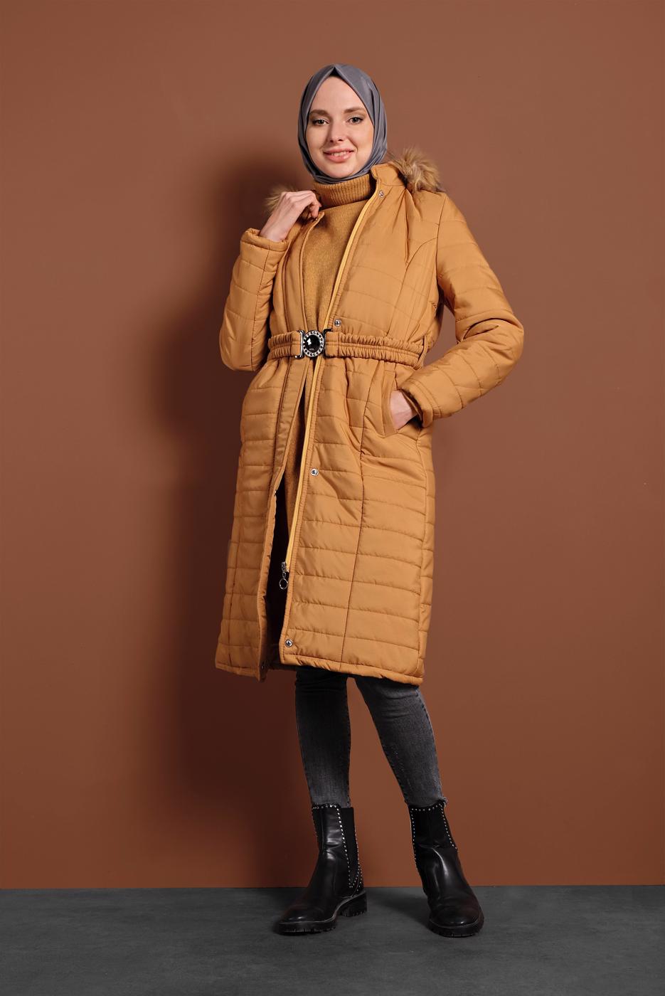 Vêtements hijab JAUNE MANTEAU DE FOURRURE AVEC CAPUCHE 3006 
