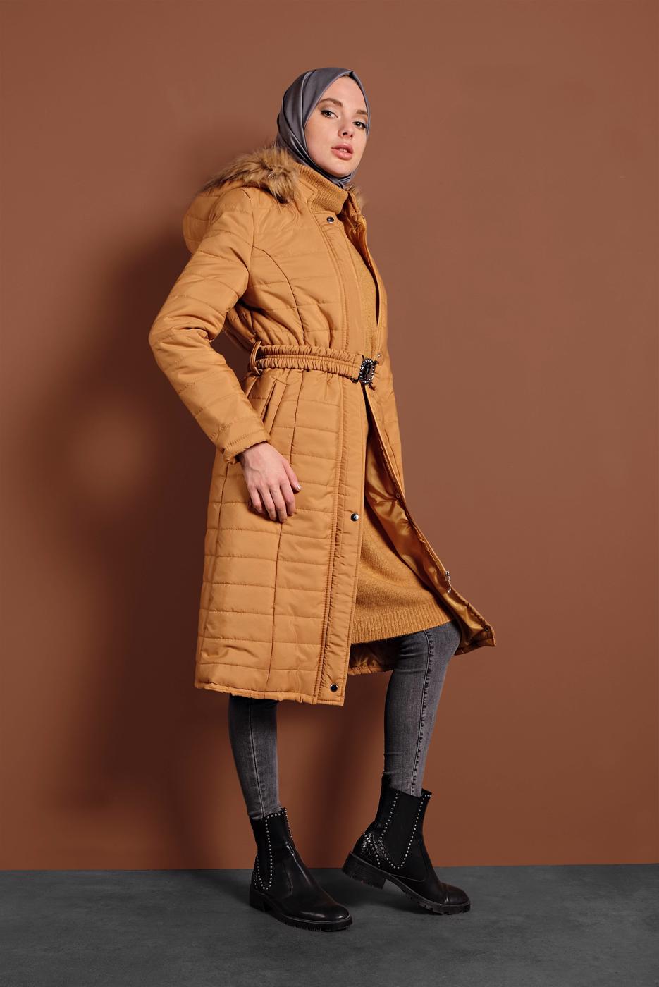 Vêtements hijab JAUNE MANTEAU DE FOURRURE AVEC CAPUCHE 3006 