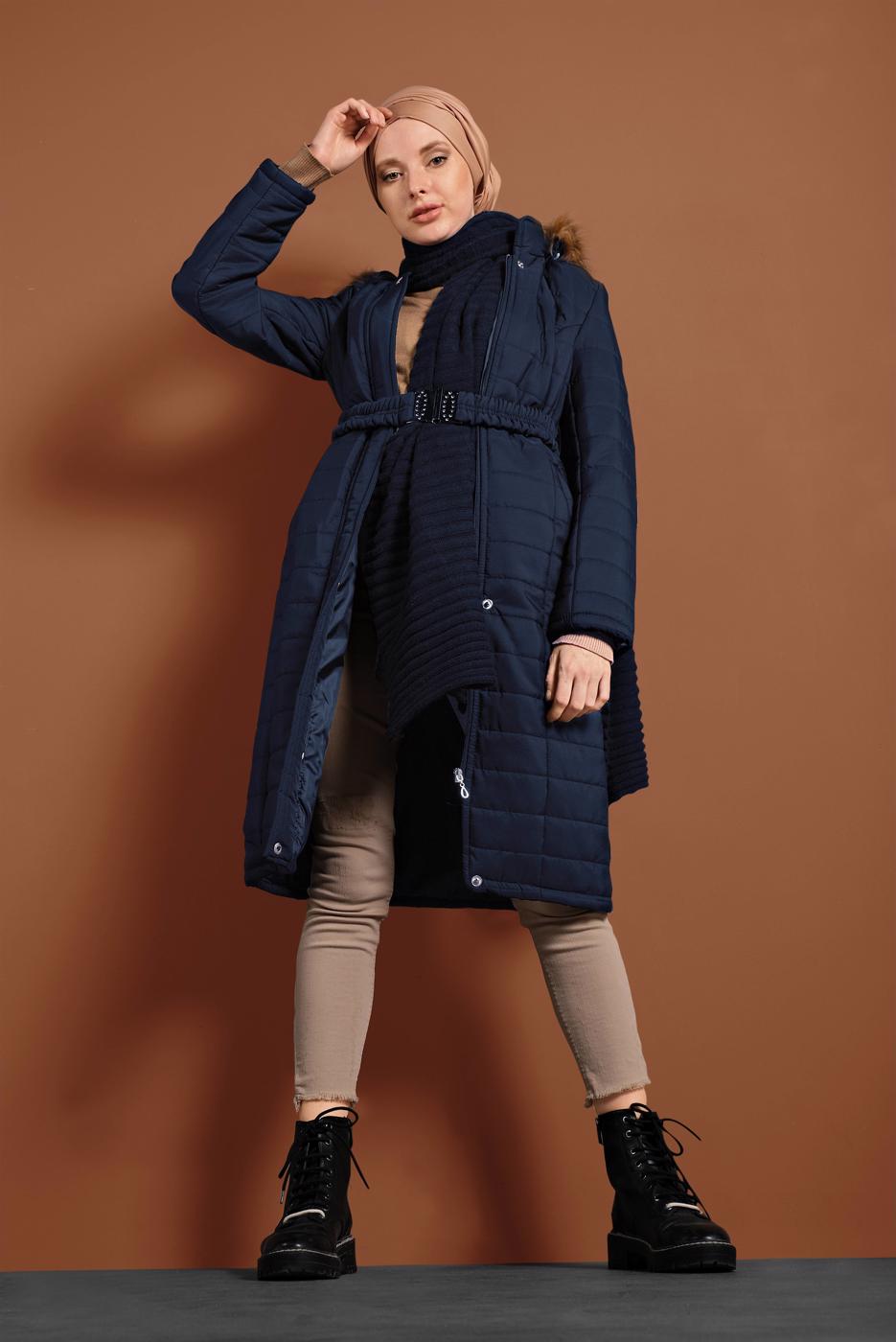 Hijab clothing NAVY BLUE FAUX-FUR-TRIM HOODED PUFFY COAT 3006