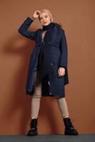 Hijab clothing NAVY BLUE FAUX-FUR-TRIM HOODED PUFFY COAT 3006