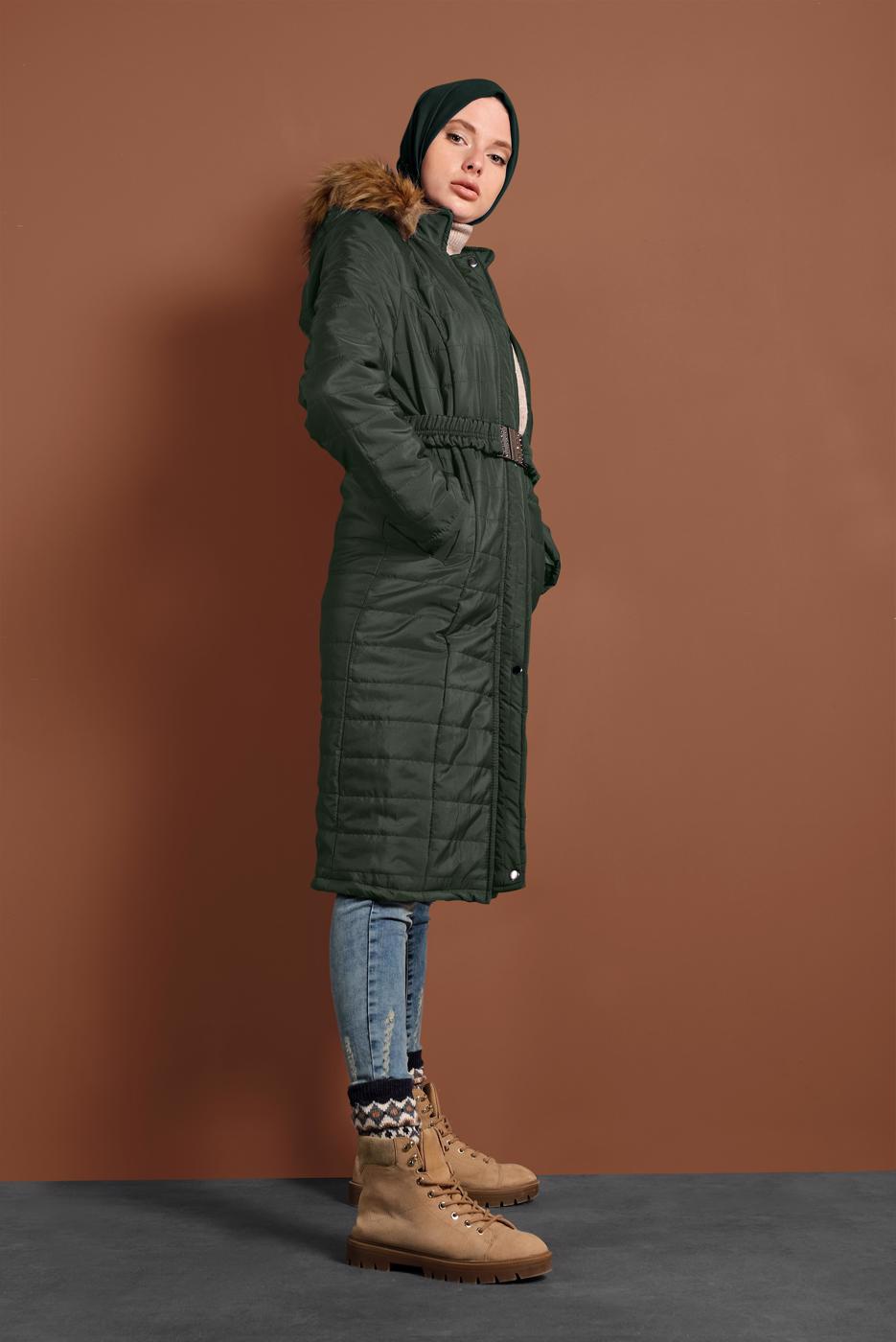 Hijab clothing KHAKI ZIPPED PUFFER COAT 3008 