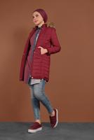 Tesettür giyim BORDO ÖNÜ ÇITÇITLI KAPÜŞONLU ŞİŞME KABAN 3030