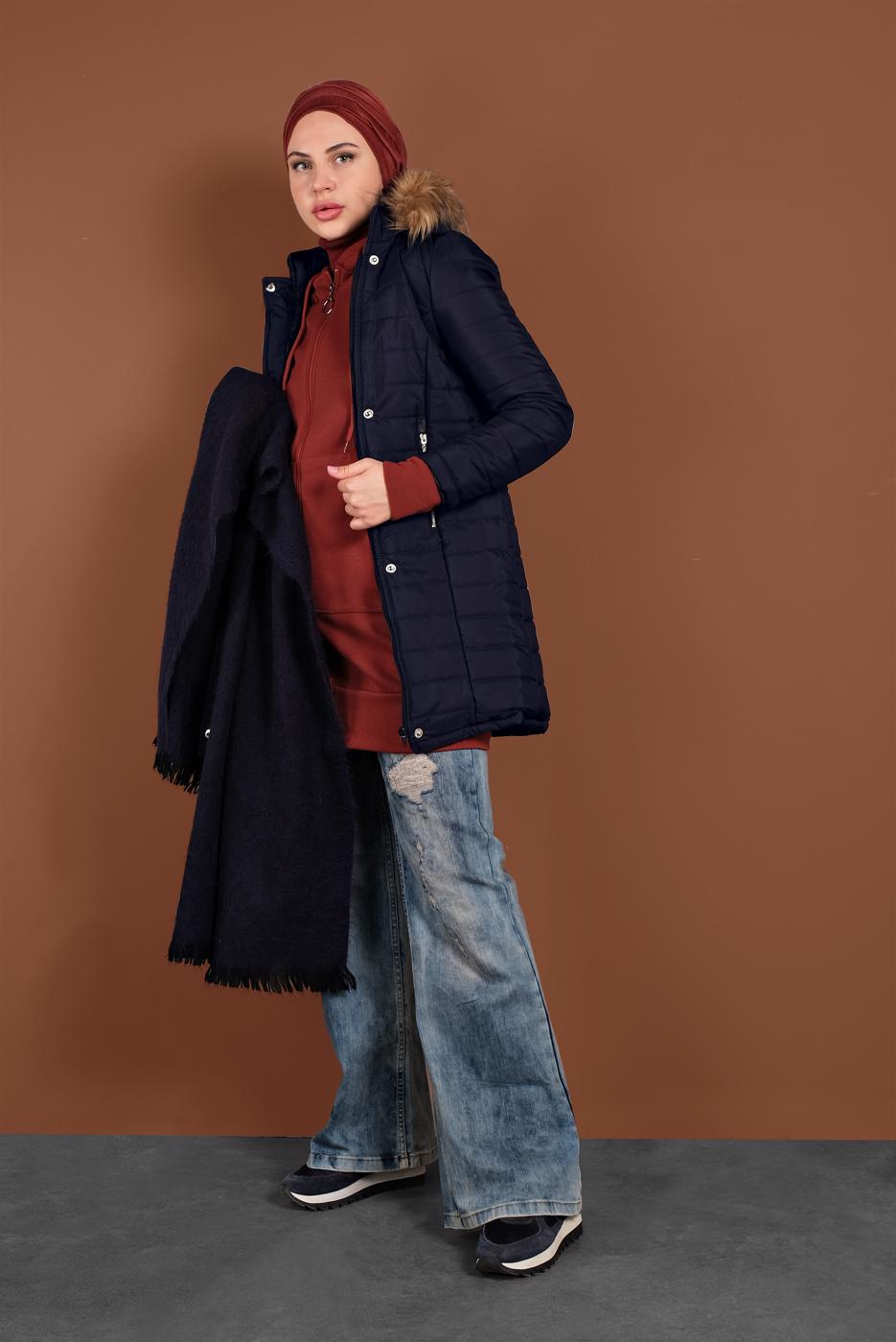 Vêtements hijab BLEU MARINE CABAN REMBOURRÉ À CAPUCHE 3030