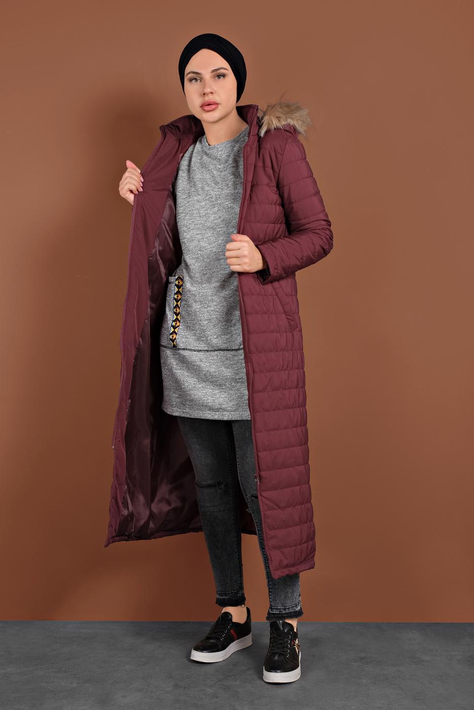 Hijab clothing CLARET RED ZIPPED PUFFER COAT 3102 