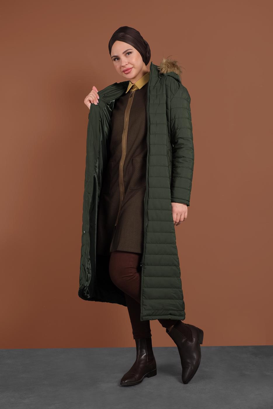 Tesettür giyim HAKİ FERMUARLI ŞİŞME MONT 3102