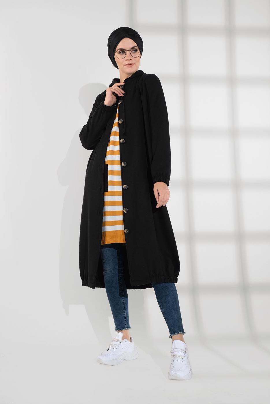 Tesettür giyim SİYAH DÜĞMELİ KAPÜŞONLU KAŞE KABAN 3945 