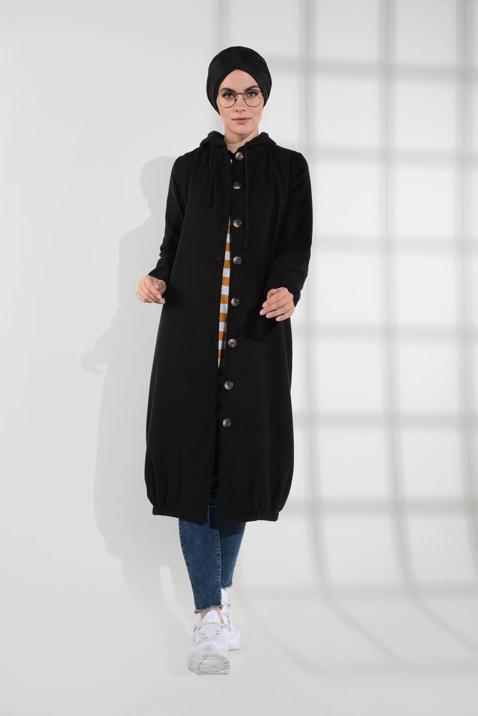 Tesettür giyim SİYAH DÜĞMELİ KAPÜŞONLU KAŞE KABAN 3945 