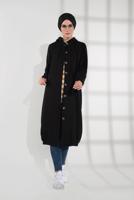 Tesettür giyim SİYAH DÜĞMELİ KAPÜŞONLU KAŞE KABAN 3945 