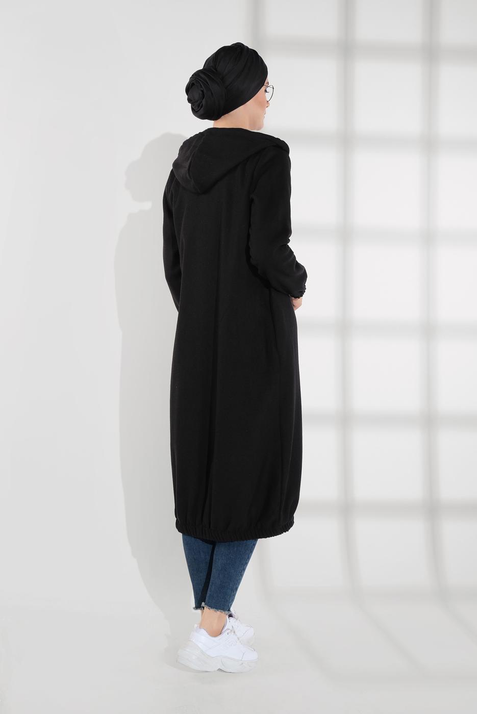 Tesettür giyim SİYAH DÜĞMELİ KAPÜŞONLU KAŞE KABAN 3945 