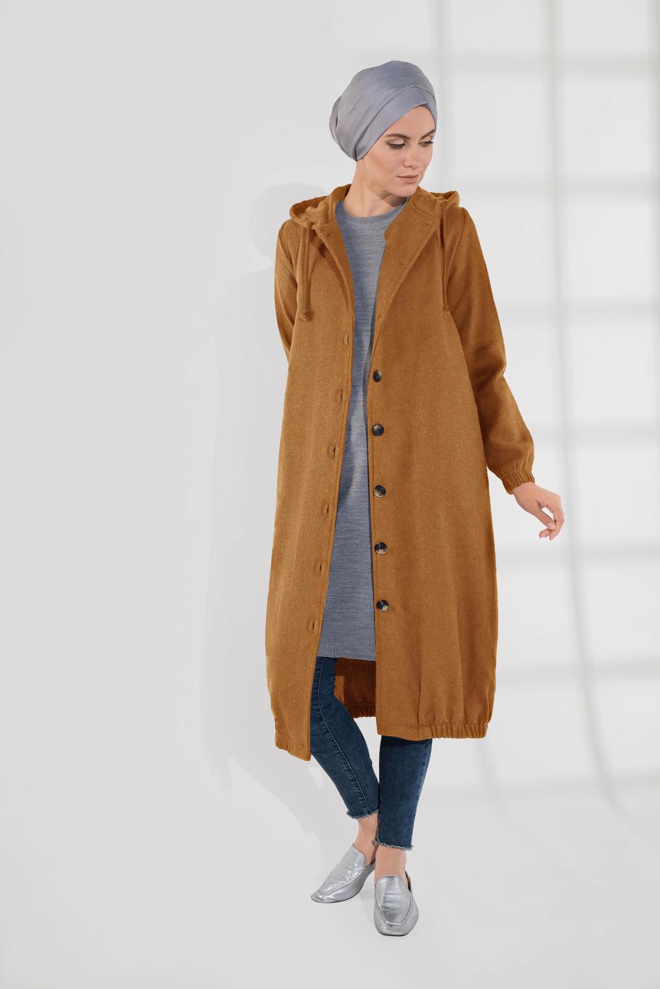 Tesettür giyim TURUNCU DÜĞMELİ KAPÜŞONLU KAŞE KABAN 3945 