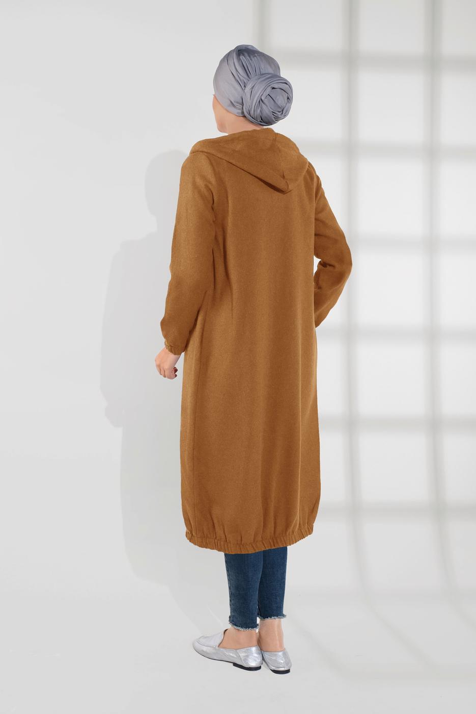 Tesettür giyim TURUNCU DÜĞMELİ KAPÜŞONLU KAŞE KABAN 3945 