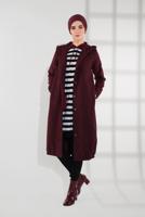 Tesettür giyim BORDO DÜĞMELİ KAPÜŞONLU KAŞE KABAN 3945 