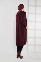 Tesettür giyim BORDO DÜĞMELİ KAPÜŞONLU KAŞE KABAN 3945 