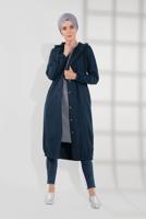 Tesettür giyim LACİVERT DÜĞMELİ KAPÜŞONLU KAŞE KABAN 3945 