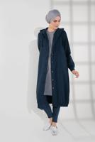 Tesettür giyim LACİVERT DÜĞMELİ KAPÜŞONLU KAŞE KABAN 3945 