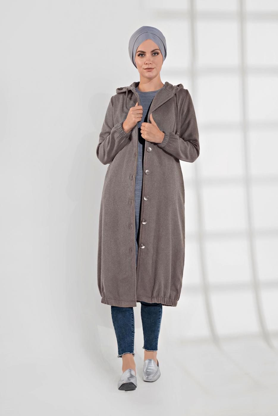 Tesettür giyim VİZON DÜĞMELİ KAPÜŞONLU KAŞE KABAN 3945 