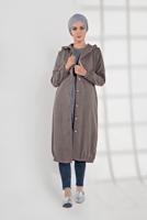 Tesettür giyim VİZON DÜĞMELİ KAPÜŞONLU KAŞE KABAN 3945 