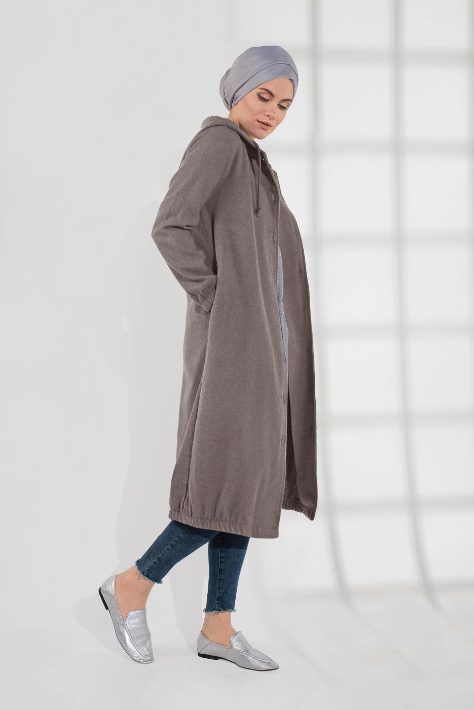 Tesettür giyim VİZON DÜĞMELİ KAPÜŞONLU KAŞE KABAN 3945 