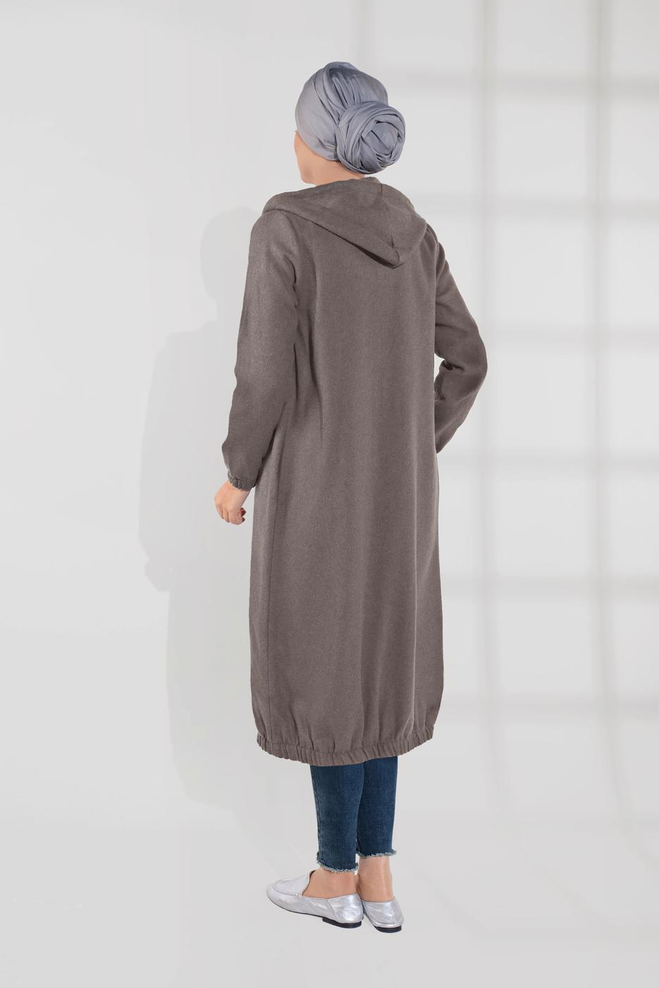 Tesettür giyim VİZON DÜĞMELİ KAPÜŞONLU KAŞE KABAN 3945 