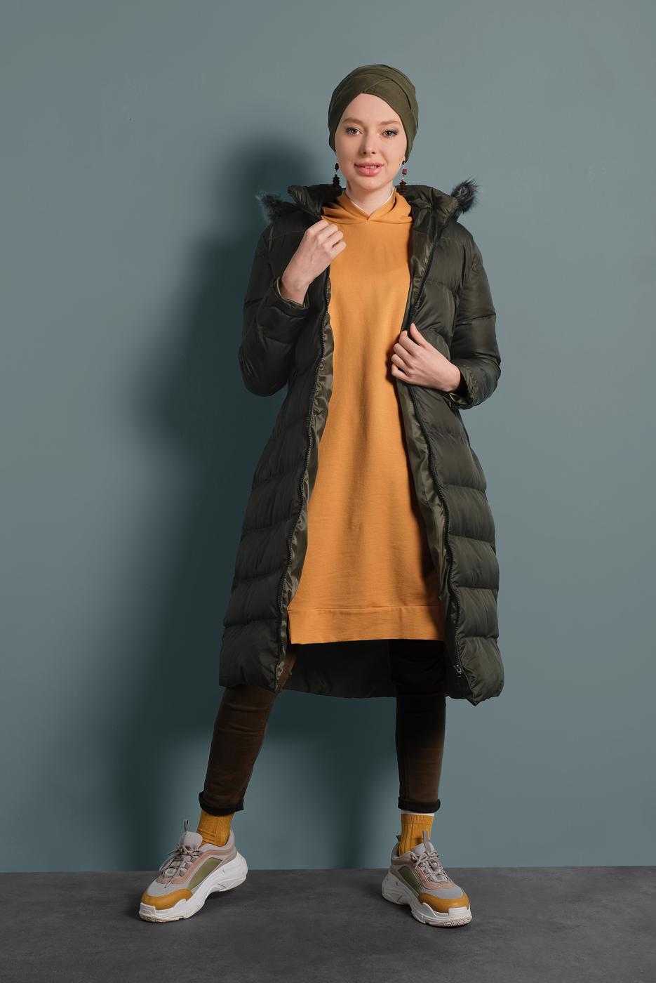 Hijab clothing KHAKI HOODED PUFFER COAT 4021 