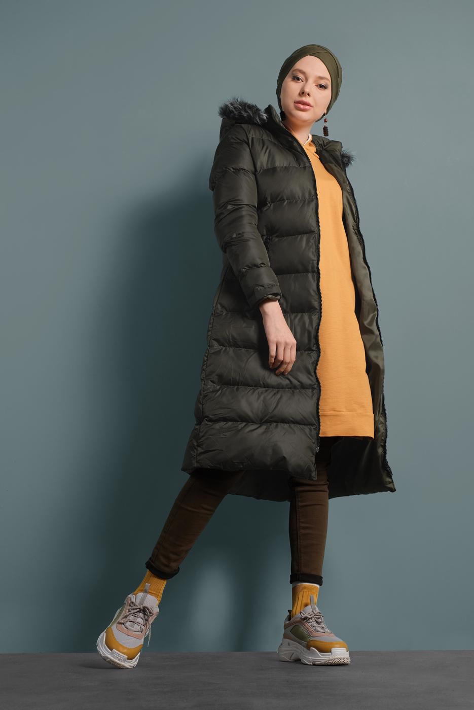 Hijab clothing KHAKI HOODED PUFFER COAT 4021 