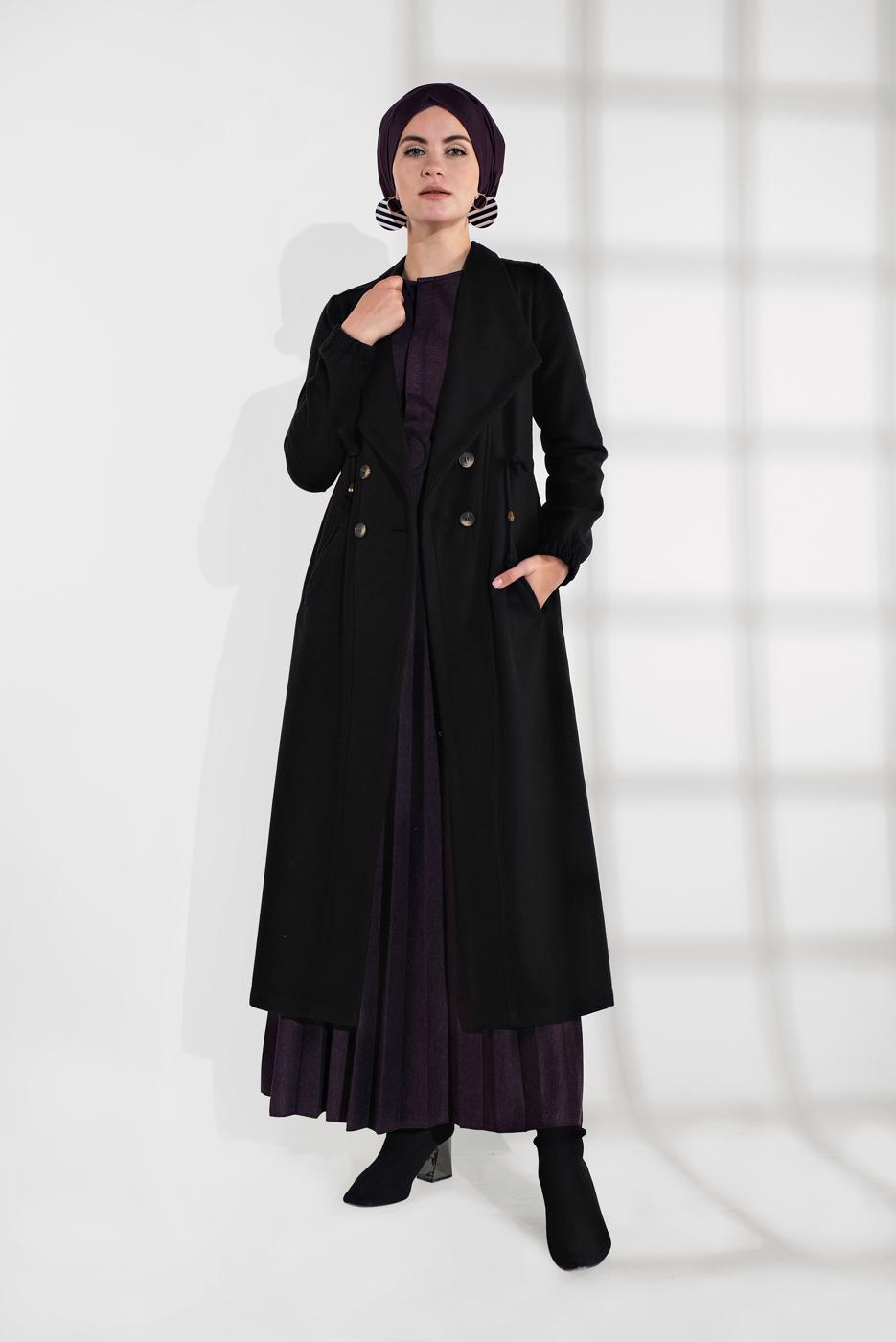 Tesettür giyim SİYAH BELİ BÜZGÜLÜ DÜĞMELİ KAŞE KABAN 4945 