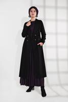 Tesettür giyim SİYAH BELİ BÜZGÜLÜ DÜĞMELİ KAŞE KABAN 4945 