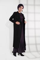 Tesettür giyim SİYAH BELİ BÜZGÜLÜ DÜĞMELİ KAŞE KABAN 4945 