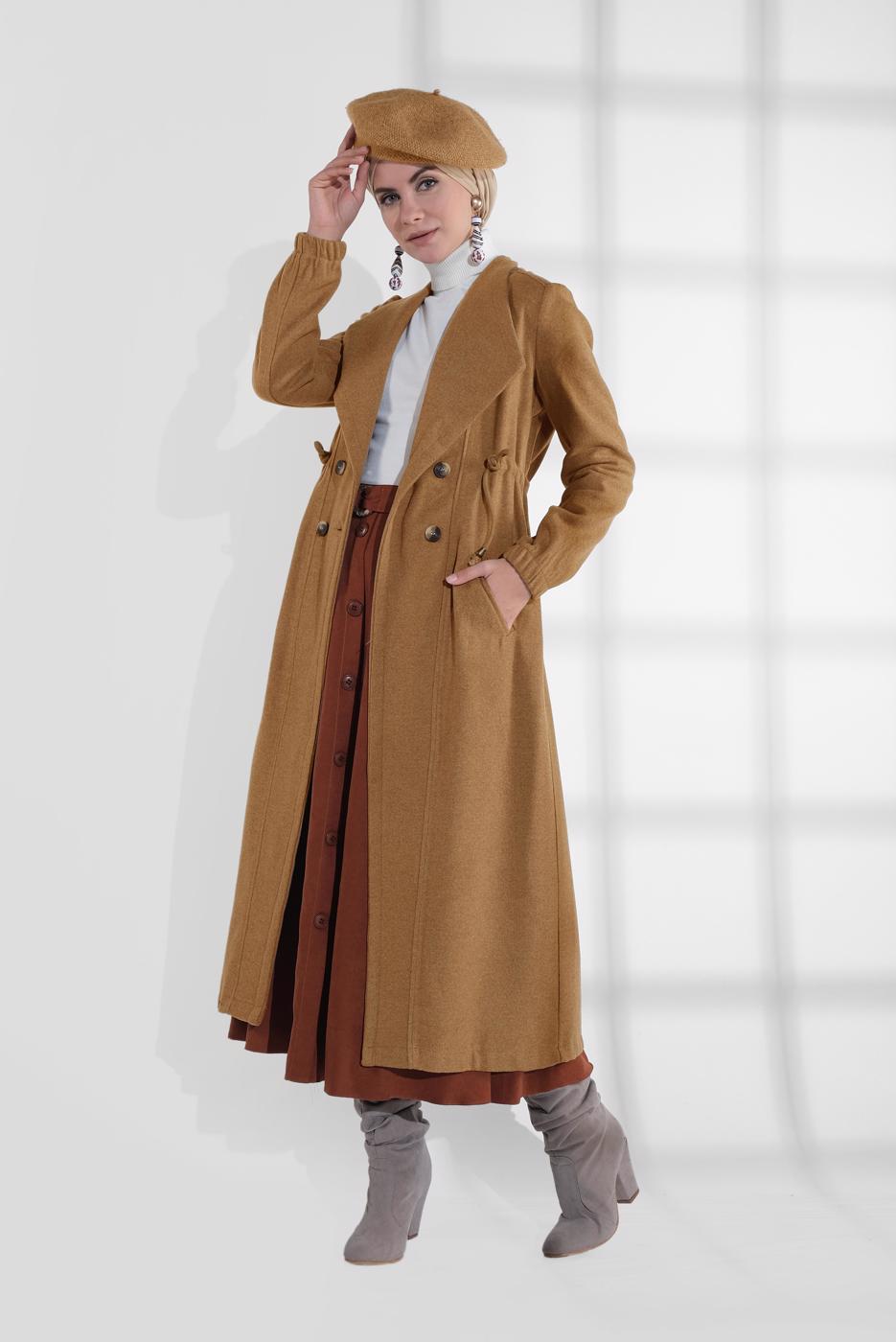 Tesettür giyim TURUNCU BELİ BÜZGÜLÜ DÜĞMELİ KAŞE KABAN 4945 