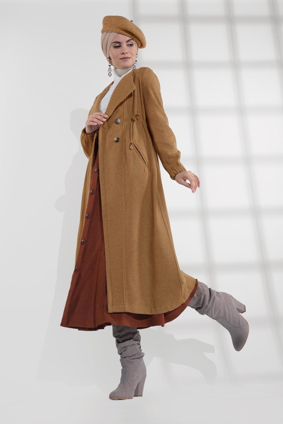 Tesettür giyim TURUNCU BELİ BÜZGÜLÜ DÜĞMELİ KAŞE KABAN 4945 