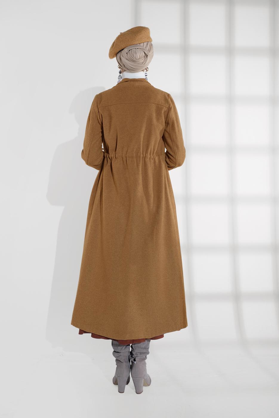 Tesettür giyim TURUNCU BELİ BÜZGÜLÜ DÜĞMELİ KAŞE KABAN 4945 