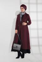 Tesettür giyim BORDO BELİ BÜZGÜLÜ DÜĞMELİ KAŞE KABAN 4945 