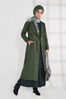 Tesettür giyim HAKİ BELİ BÜZGÜLÜ DÜĞMELİ KAŞE KABAN 4945 